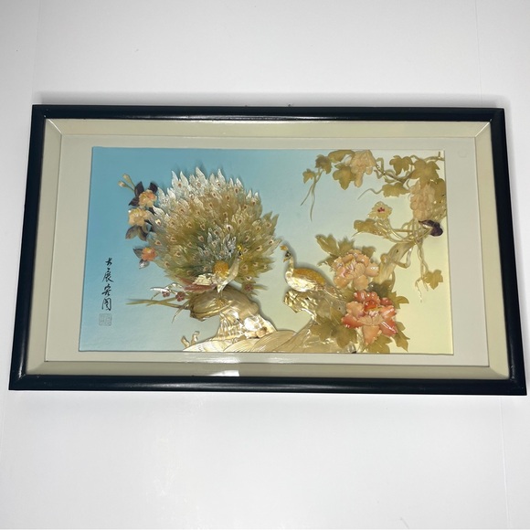 Vintage Asian Shell Art Peacock Flowers Framed Wall Art - Picture 1 of 13